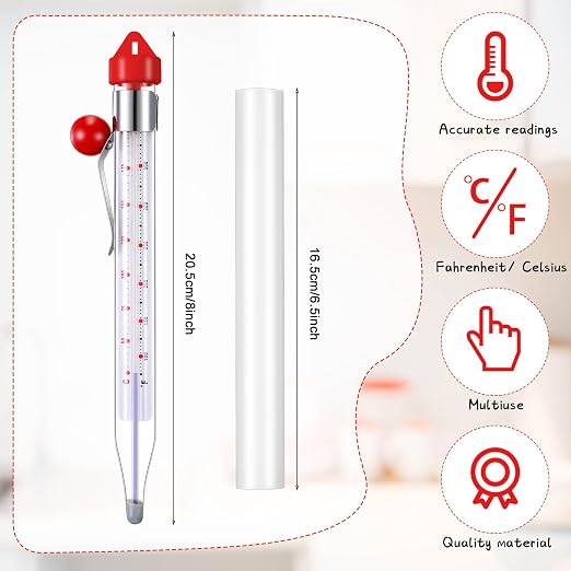 Photect Candy Thermometer with Pot Clip 8" Deep Fry Oil Thermometer for Candy Making Instant Read Cooking Food Thermograph Sugar Syrup Jam Jelly Oil Temperature Kitchen Accessories(Red,1 Pcs)