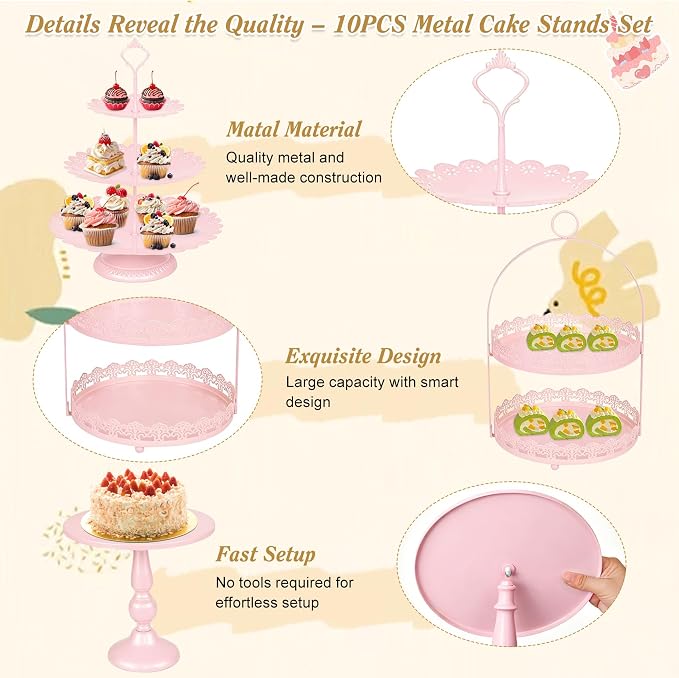 HAISIWLKJ 10 Pcs Pink Cake Stand Set Metal Cupcake Stands, Multiple Styles Dessert Display Tower for Candy Fruit, Cake Serving Trays for Birthday, Wedding, Anniversary, Baby Shower, Engagement Party