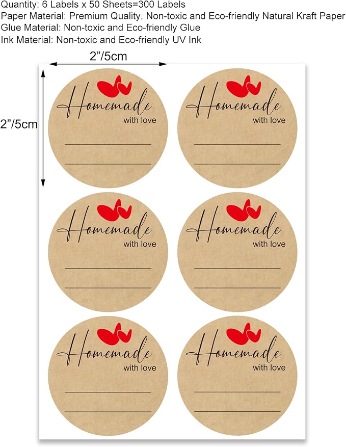 300pcs 2" Homemade with Love Kraft Stickers, Eco-Friendly Canning Labels for Mason Jar with Lines for Writing, Gift Tags for Handmade DIY Gifts, Foods, Treats, Crafts, Beauty, Gift Decoration