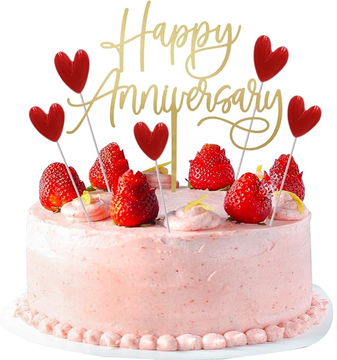 Happy Anniversary Cake Topper Happy Anniversary Cake Decorations for Party Decorations (gold red heart)