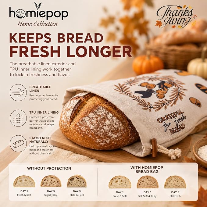 Bread Bags for Homemade Bread, 3 Pack Linen Bread Bags with TPU Lining, Reusable Sourdough Bread Storage Bags, Drawstring Closure, 17 x 13 Inch, Thanksgiving Fall Design, Gift Ready Box