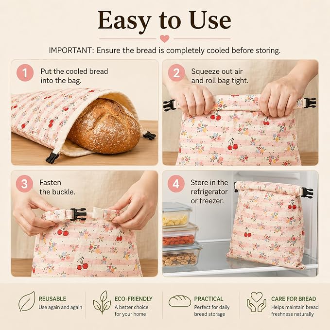 Bread Bags for Homemade, Natural Beeswax Bread Bag 2 Pack XL 13x17 Inch, Reusable Organic Cotton Linen Storage Bags, Beeswax Bread Bags for Sourdough, Keeps Bread Fresh Longer (Cherries)