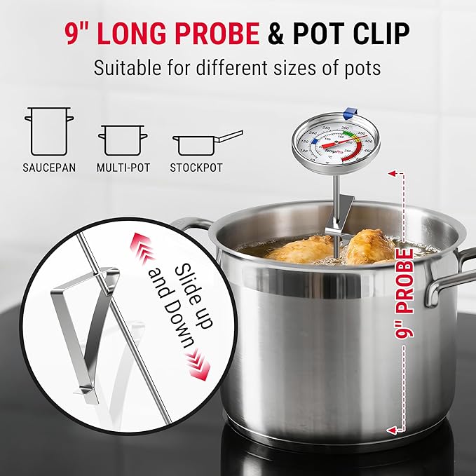 TempPro Candy Thermometer with Pot Clip, 9" Long Probe Deep Fry Oil Thermometer for Frying & Candy Making, Fryer Cooking Thermometer fo Chocolate, Caramel, Baking - 2 Pack (Previously ThermoPro)