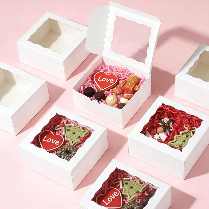 20 Pack 5x5x2.5 Inch Bakery Boxes Cookie Boxes with window Treat Box Chocolate Covered Strawberries Box for Macaroon Dessert Cupcake Pastry Muffins