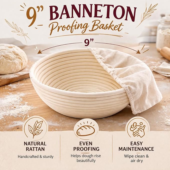 Banneton Bread Proofing Basket 9 Inch Round with Linen Liner & 16x13 XL Reusable Beeswax Bread Bag – Sourdough Proofing Basket, Banneton Basket, Large Bread Storage Bag