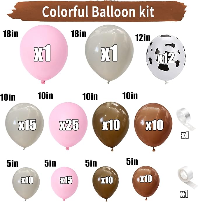 121 Pcs Cow Print Balloon Arch Kit, Pink Nude Brown Tan Apricot Cow Balloon Arch Garland Kit Different Sizes, Balloons Garland Kit for Farm Party Cowboy Party Dcorations Baby Shower Birthday Party