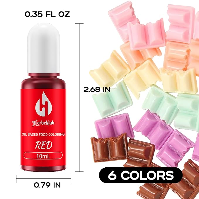 Oil Based Food Coloring for Chocolate 6 Colors x 10 ml Concentrated Red Pink Purple Oil Food Dye for Candy Melts, Cake Pops, Strawberries - 6 Colors red