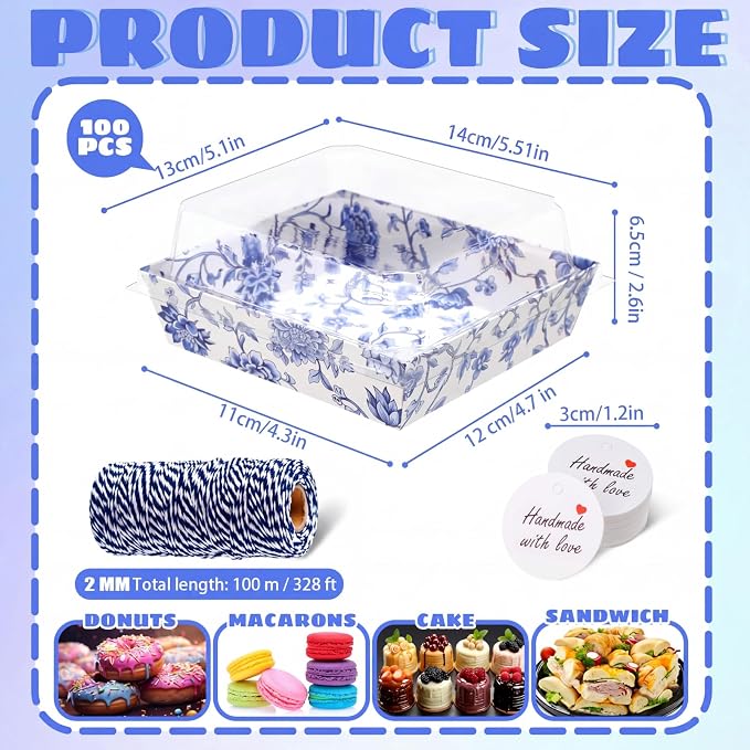 Outus 100 Pack Charcuterie Boxes with Clear Lids, 5.5 x 5.1'' Paper Dessert Boxes to Go with Gift Tags Rope Disposable Party Treat Food Containers for Cookies, Donuts, Muffins, Salad, and Pastry