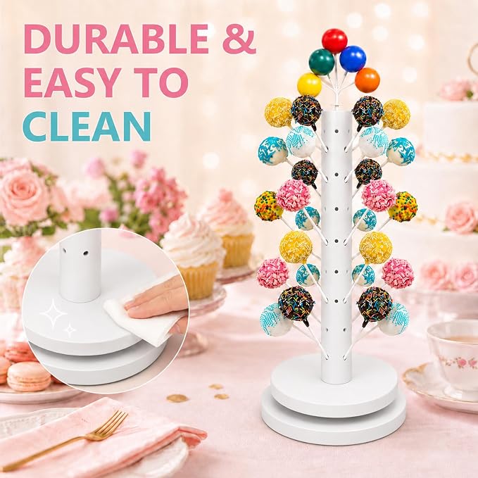 Wooden Cake Pop Stand Kit with 360° Spinning Base, 49Hole Lollipop Holder with Cake Ball Scoop, 100 Paper Sticks, 100 Clear Treat Bags and 100 Twist Ties, Easy Twist Assembly for Parties (White)