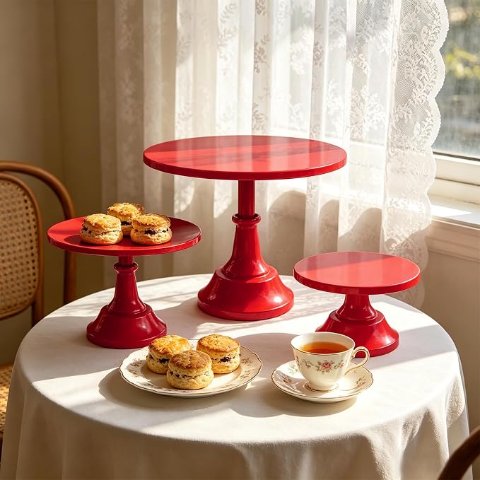 3 Pcs Cake Stand Set Metal Round Cake Holder Cupcake Stands 8/10/12 inch Red Dessert Display Stands Dessert Table Decorations for Birthday Parties, Baby Shower,Wedding Banquets and Anniversary
