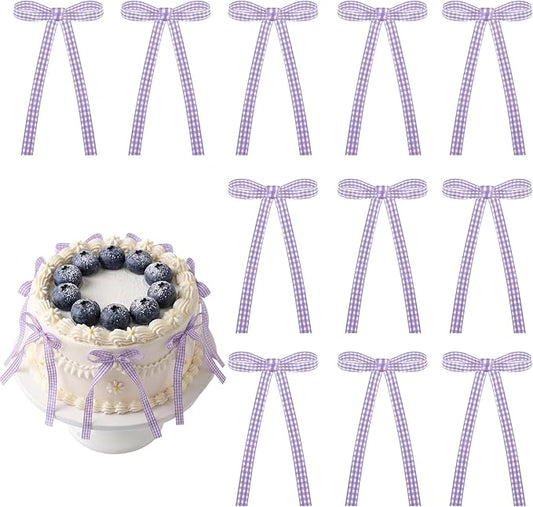 30 PCS Bow Cupcake Topper Purple Gingham Ribbon Bows for Cake Handmade Bow Birthday Decorations for Weddings, Baby Showers, Wedding, Engagements and Dessert Tables