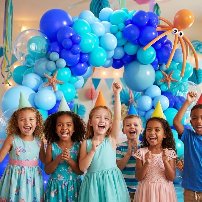 Under The Sea Balloon Arch Kit -156Pcs Blue Teal Dusty Blue Orange Long Balloon Garland Kit for Ocean Themed Under The Sea Baby Shower Ocean Animals Theme Birthday Party Decorations