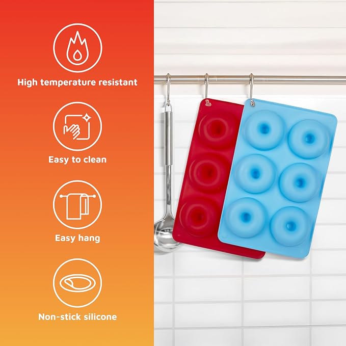 HOTPOP Silicone Donut Molds for Baking – Set of 2 Nonstick Pans (Red, Blue), Makes 12 Donuts – Flexible, Reusable, Dishwasher Safe Molds for Oven – Perfect Donut Mold for Baking Sheets