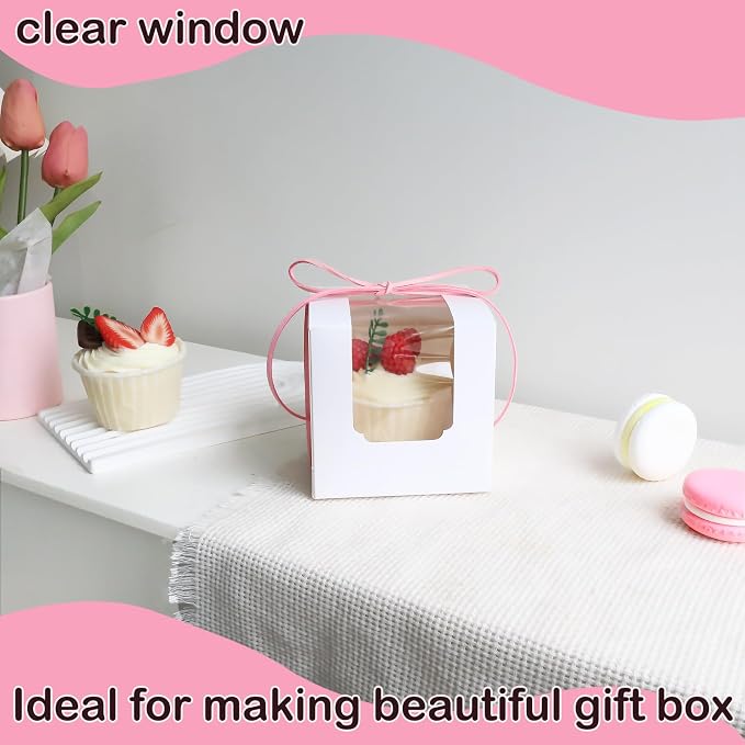 30 Pack Single Individual Cupcake Boxes with Window & Inserts, Auto Pop Up Stackable Food Grade Disposable Muffin Containers 3.5x3.5x3.5 Inch White To Go Bakery Party Favor Gift Boxes