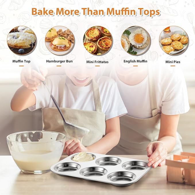 E-far Muffin Top Pan Set of 3, Stainless Steel 6-Cavity Shallow Cupcake Pan for Baking Whoopie Pie, Yorkshire Pudding, Eggs, Cornbread, Drop Cookies, Non-toxic & Standard Size, Oven & Dishwasher Safe