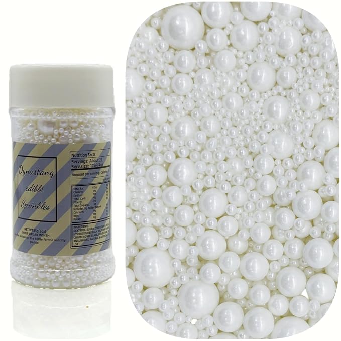 Dynastang Mixed Size White Pearls Sprinkles Edible Pearls Cake Decorating Pearls Cake Decorations Cupcake Toppers Cookie Decorating Perfect for Cakes, Cupcakes, Desserts Toppings 3OZ
