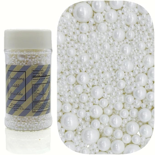 Dynastang Mixed Size White Pearls Sprinkles Edible Pearls Cake Decorating Pearls Cake Decorations Cupcake Toppers Cookie Decorating Perfect for Cakes, Cupcakes, Desserts Toppings 3OZ