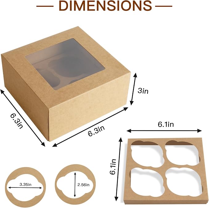 Jotique Cupcake Boxes with Window, 6 Sets 6x6x3 Inch Kraft Paper Bakery Boxes for Cookies and Muffins, Sturdy Disposable Treat Boxes for Individual Pastry, Baked Goods, Gift Giving, Mother's Day
