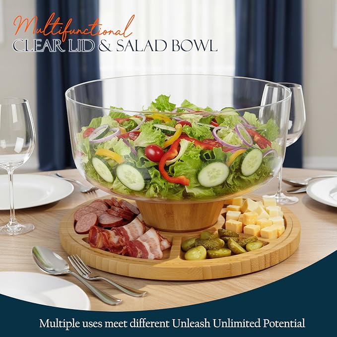 Masthome Bamboo Cake Stand with Acrylic Dome Lid, 6-in-1 Multi Functional Serving Platter & Dessert Display Stand,Charcuterie Board,Fruit Tray,Dip Bowl,Serving Platter for Wedding,Christmas Party