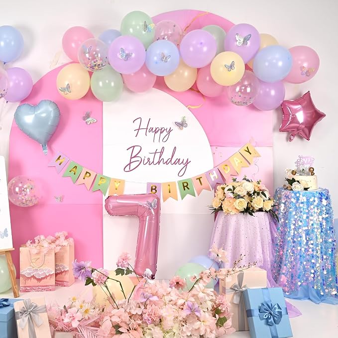 Pastel 7th Birthday Decorations for Girl,Macaron Rainbow 7th Party Decoration Pink Blue Purple Green Yellow Colorful Balloons Banner Star Heart Number 7 Foil Balloon Cake Topper Butterfly Stickers