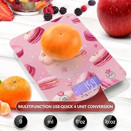 Food Scale Kitchen Scale Food Weight Scales Digital Weight Grams and Ounces Small Electronic Food Scale for Baking Cooking Pink Macarons Stars