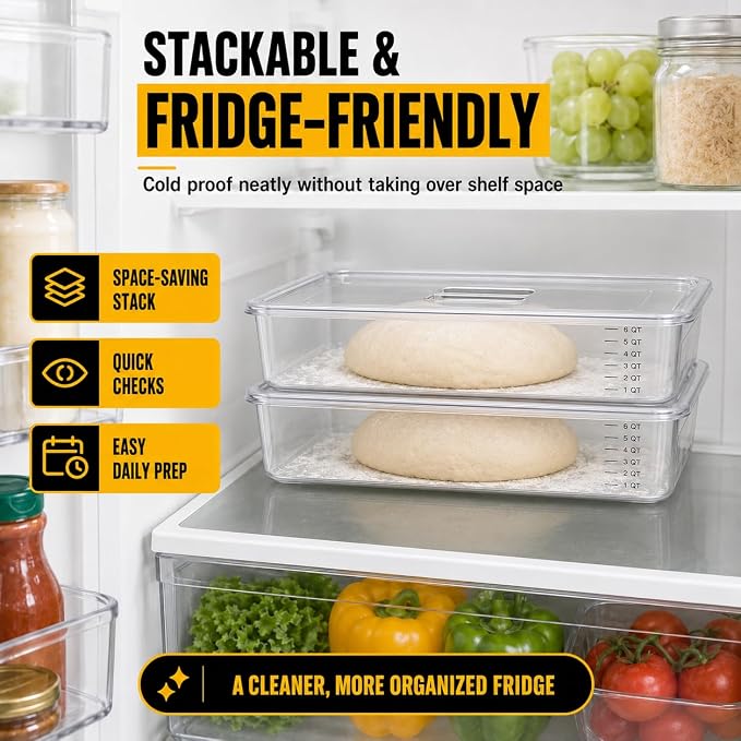 Sourdough Proofing Containers, 2 Pack 6QT Clear Dough Rising Boxes with Lids, Stackable Bulk Fermentation Containers for Bread Baking, Sourdough & Pizza Dough