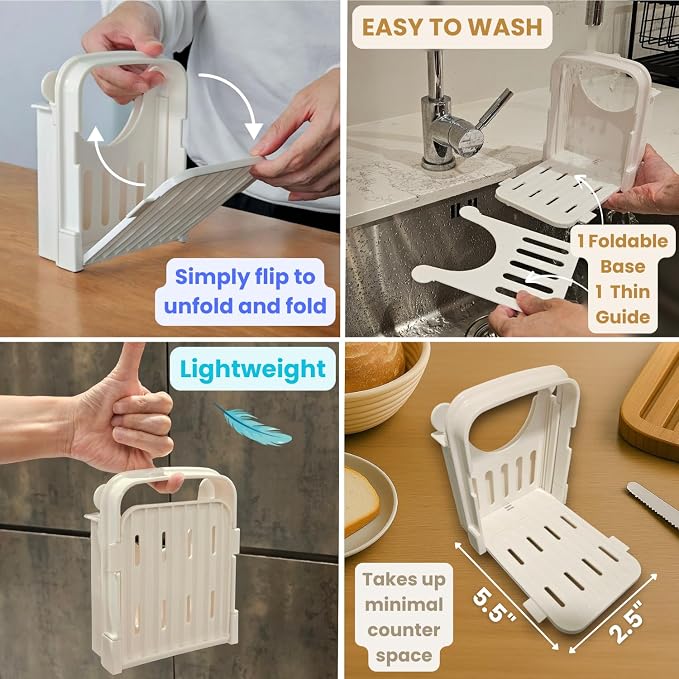 Bread Slicer Guide for Homemade Bread – Lightweight, Foldable, 4 Slice Thickness Options | Easy to Use, Clean & Store | Durable ABS Plastic with Anti-Slip Base | Lightweight, Foldable, 4 Slice Thickness Options, Durable ABS Plastic, Anti-Slip Base