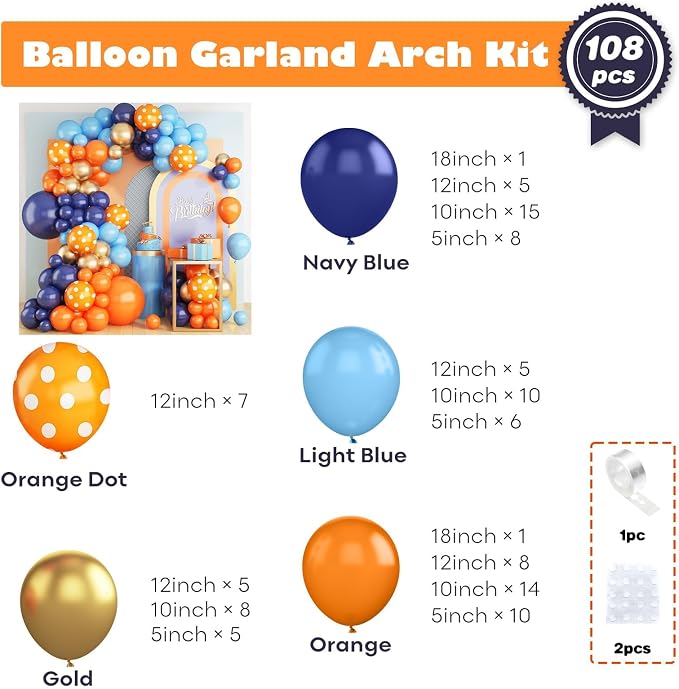 Blue and Orange Balloons Arch Kit, 108 Pcs Navy Blue Balloon Garland Kit with Metallic Gold Orange Dot Latex Balloons for Kids Boys Cartoon Theme Party Baby Shower Boys Birthday Decorations