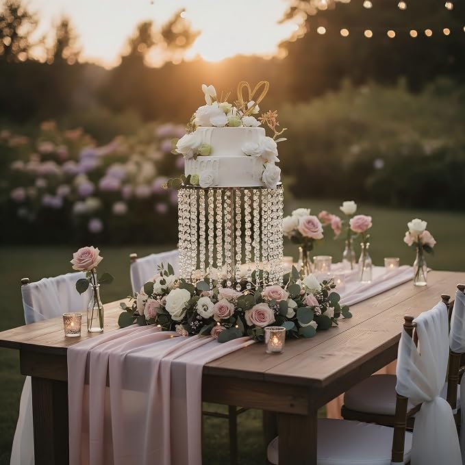Wedding Cake Stand for Dessert Table 12 Inch Silver Crystal Pendants Metal Cake Stand Serves as A Round Dessert Cupcake Display Plate 16 Inch Tall (Silver)