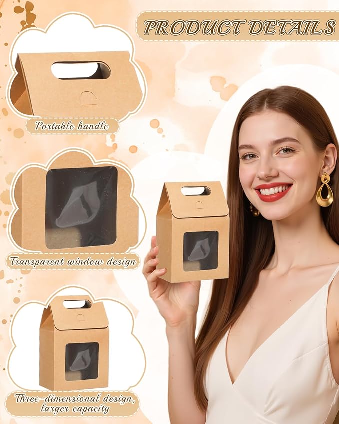 24 Pieces MINI Kraft Paper Gift Bags with Clear Window Small Goodies Gift Boxes with Handle 5.9 x 3.9 x 2.3inch Gable Candy Treat Box for Purim, Bakery Cookies, Wedding Favors, Small Business (brown)
