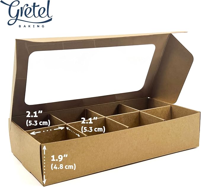 20pcs Kraft Treat Boxes with Window and Dividers | 8 SMALL compartments | 8.75 x 4.5 x 1.9 in | Chocolate-covered strawberries supplies, macaron boxes, baked goods packaging