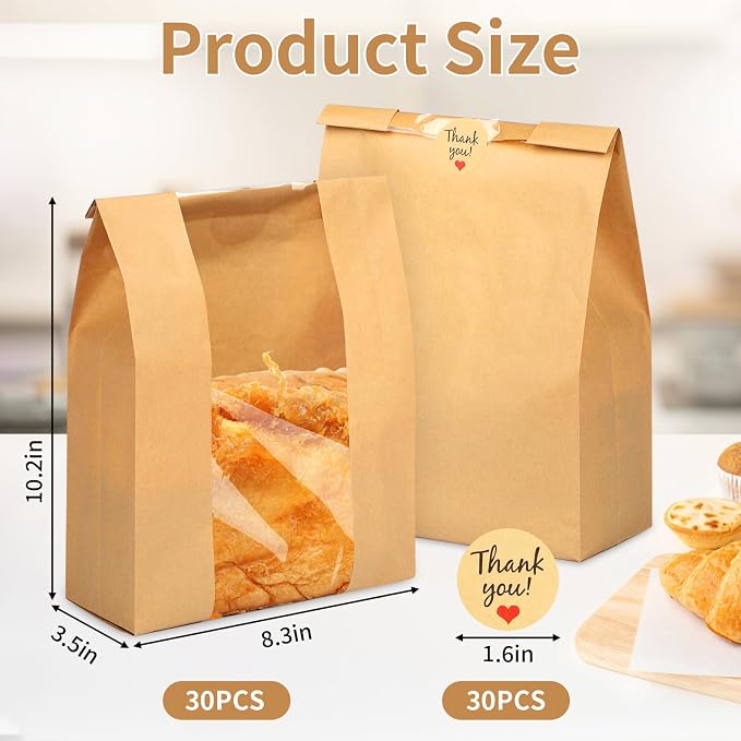30 Pcs Bread Bags for Homemade Bread, 13.7 x 8.3 x 3.5 Inch Large Sourdough Kraft Paper Bakery Bags with Clear Window, Includes 30 Sealing Stickers for Storing Loaves & Snacks