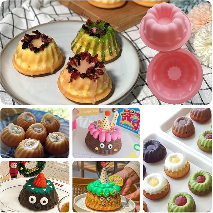 Silicone Small Fluted Cake Pans 4 Inch, Nonstick Baking Mold Pumpkin Shape, Reusable Round Mini Cake Pan Set, Individual Muffin Donut Pan for Cupcake, Jelly, Brownies- 6pcs, Pink