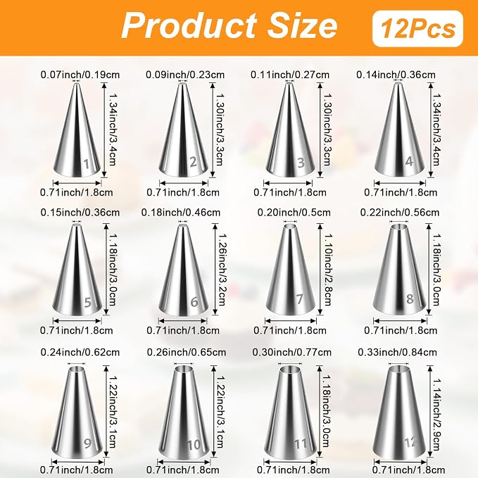 12 Pcs Frosting Tips Round Piping Tips Set, Stainless Steel Icing Tip for Decorating Cupcake Nozzles Small Cake Piping Tip Cake Writing Icing Pastry Dispensers Supplies for Baking Cookies Puff Cream