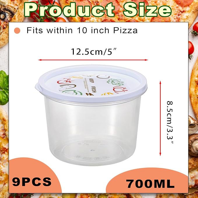 BSTKEY Round Pizza Dough Proofing Boxes, Set of 9 Stackable Food Storage Containers with Lid, 700ml Clear Plastic Tray Fits for 235 Gram Pizza Dough, For Making within 10" Pizzas