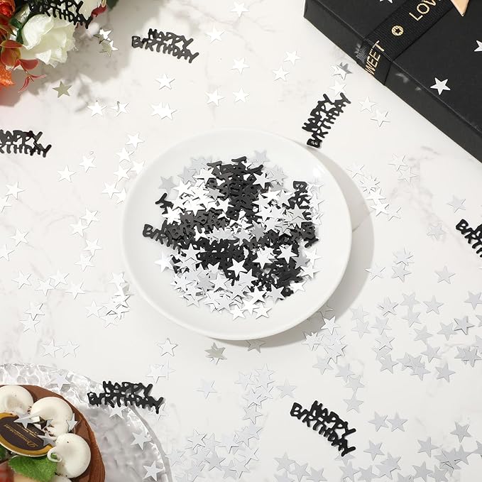 Black Happy Birthday Balloons Decorations Black and Silver Birthday Balloon Letters Banner with 8Pcs Star Balloons Hanging Swirls 10g Table Confetti for Home Room Bday Party Decorations Supplies