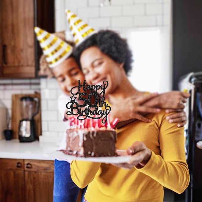 1 Pack Happy 50th Birthday Cake Topper Black Glitter 50 & Fabulous Cheers to 50 Years Old 50th Birthday Cake Pick for Celebrating 50th Birthday Anniversary Party Cake Decorations Supplies