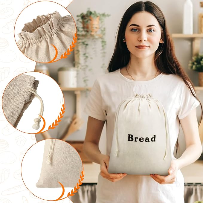 Woanger 3 Pieces Linen Bread Bags Burlap Reusable Drawstring Bread Bags 12 x 15 Inch Unbleached Loaves Pastries Pouch Handmade Food Storage for Bakery Picnic Wedding Wrapping Camping Supplies