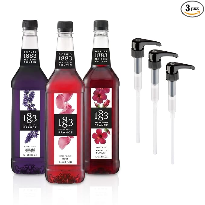 1883 Lavender, Rose, Hibiscus Syrups with Pumps (Floral Flavors) for Coffee & Drinks – 1 Liter Plastic Bottles (Pack of 3)