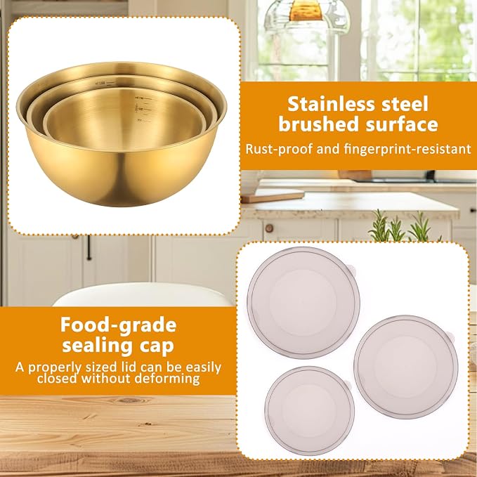 Gold Mixing Bowls with Airtight Lids Stainless Steel Mixing Bowl Set of 3 Metal Nesting Organizers and 1 Colander Non-slip Bottom for Baking Serving Food Size 2.22, 1.27,0.74 QT, Stackable