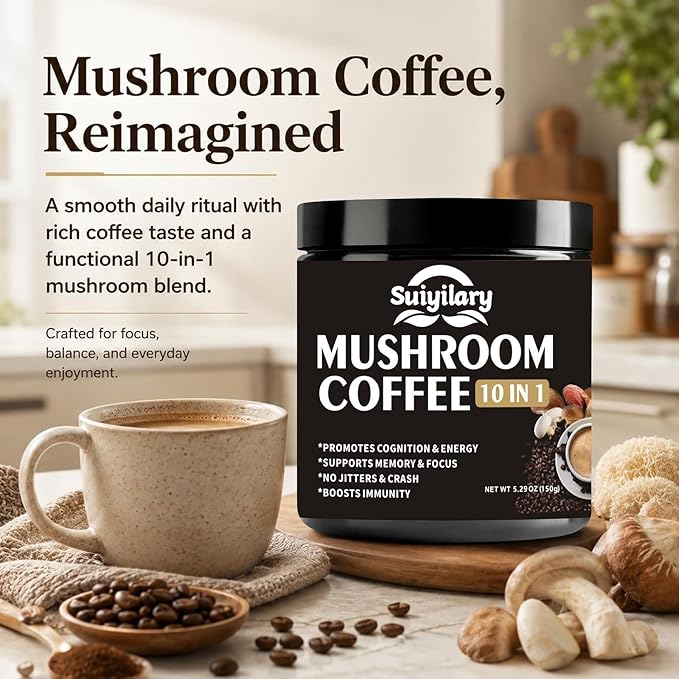 Suiyilary Mushroom Coffee, 10 Mushroom Extract Powder Blend Lion's Mane, Reishi, Chaga, Cordyceps, Turkey Tail, Brain Supplements with Instant Coffee for Energy, Focus, Memory and Immunity 150g