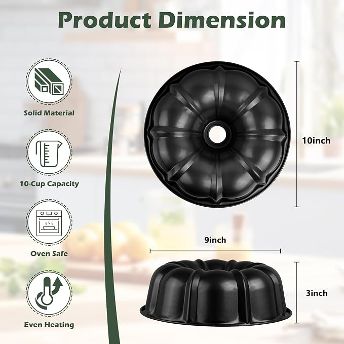 E-far 10 Inch Non-stick Cake Pan, Heavy Duty Carbon Steel Tube Fluted Round Baking Pan,Buntz Pound Cake Pan Mold,Tube Bakeware, Easy Release & Easy to Clean, 10 Cup, Black