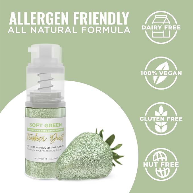 Bakell - Soft Green Tinker Dust (4g, 1x Mini Spray Pump) Edible Glitter for Food, Desserts, and Baked goods!