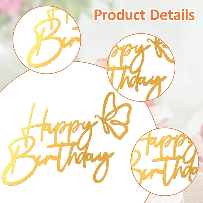 6 Pcs Flat Cake Toppers Gold Happy Birthday Cakes Topper Acrylic Cakes Inserts Flat Happy Birthday Decoration Sign Side Mirror for DIY Party Decorating Supplies