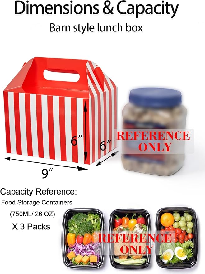 Happyhiram 30 Pcs Large Treat Boxes with Handle Red and White Stripes, 9x6x6 Gable Christmas Gift Boxes Party Favor Boxes Barn Style Carry Out Lunch Box Recyclable Paper Holiday Packaging Boxes