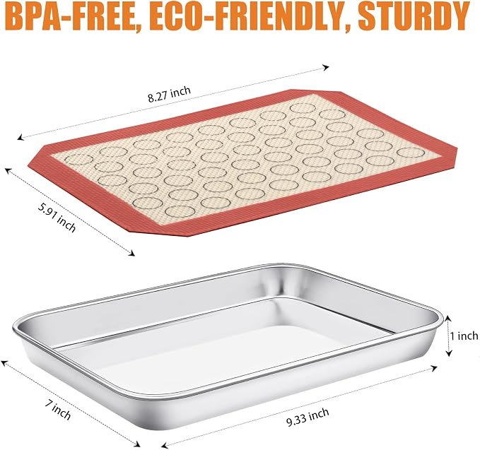 Baking Sheet with Silicone Mat Set of 4 [2 Sheets + 2 Mats], Deedro Stainless Steel Cookie Sheet Baking Pan with Silicone Baking Mat, 9 x 7 x 1 Inch, Non Toxic, Heavy Duty, Easy Clean
