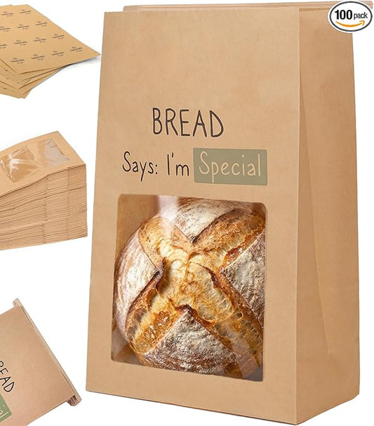 100 Pack Resealable Sourdough Bread Bags with Tabs for Gifting Round Loaf | Bulk Kraft Paper Homemade Sour Dough Gift Giving Bag with Window | Large Brown Bakery Baked Goods Packaging 13.6x8.3x4.1in