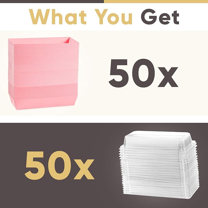 Leafiew 50 Pack 7.5x3.3 Inches Small Clear Treat Boxes-Dessert Boxes To Go-Disposable Paper Mini Containers for Cookie, Cake Slice, Charcuterie, Bakery, Pastry, Strawberry, Baked Goods Packaging(Pink)