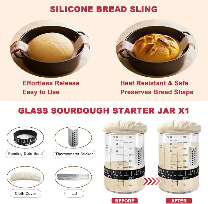 Sourdough Bread Baking Supplies, Sourdough Starter Kit with Cotton Rope Oval & Round Bread Proofing Basket and Sourdough Starter Jar, Artisan Bread Making Kit Ideal Gift for Bakers, Women Wife Mom Red