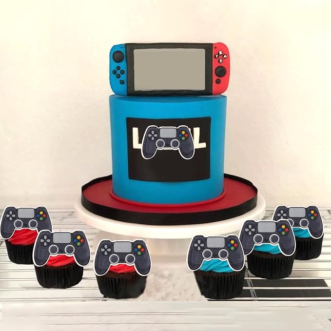 60 PCS Edible Video Game Controllers Cupcake Toppers Wafer Paper Game On Controllers Cake Decorations Edible GamePad Cupcake Picks for Baby Shower Kids Boys Girls Gamer Birthday Party Supplies